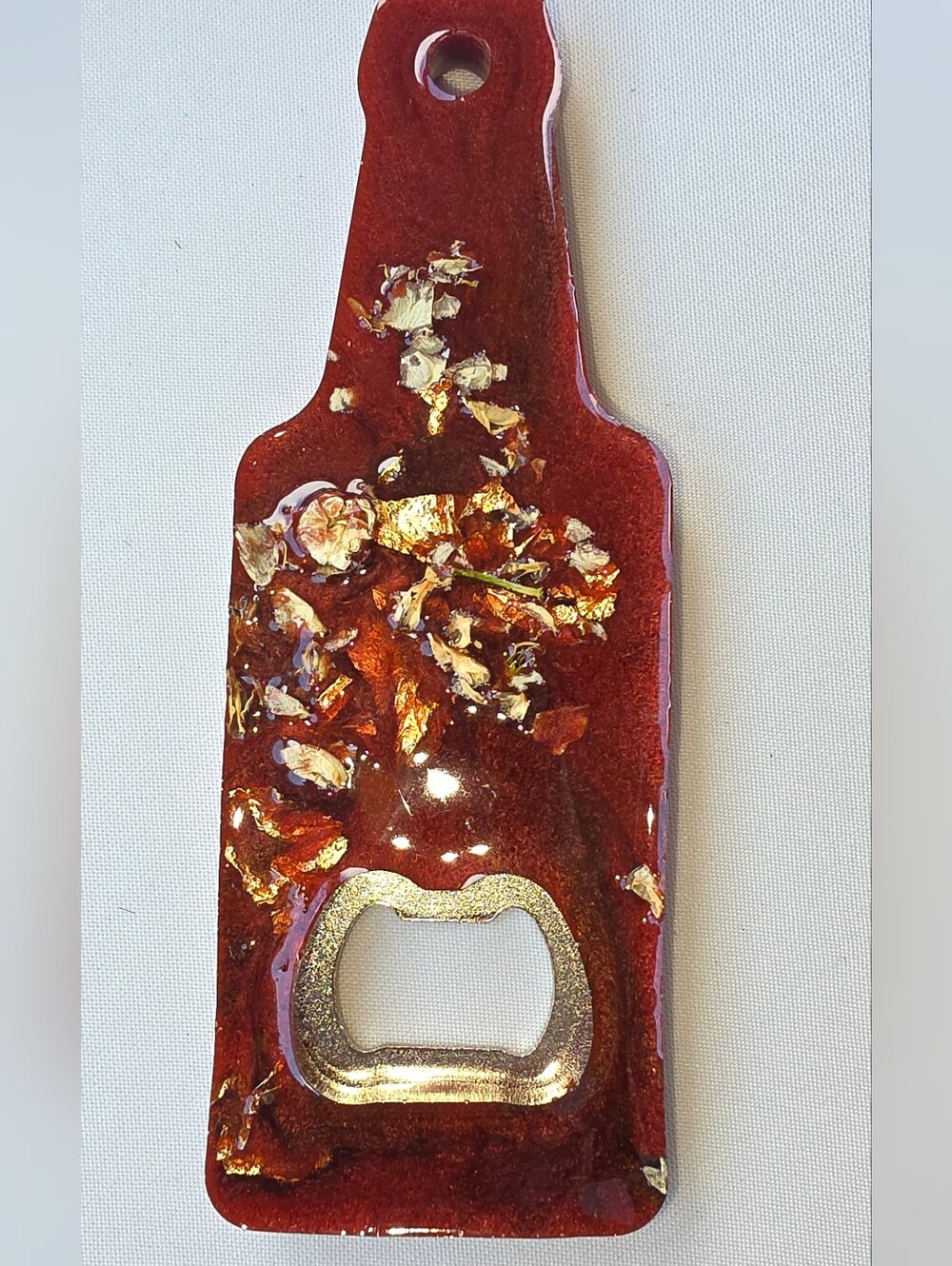Handcrafted Red Resin Bottle Opener with Gold Leaf Accent